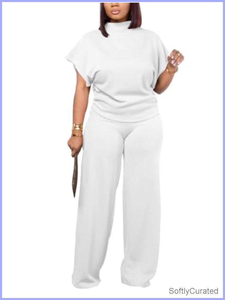 Women's 2 Piece Lounge Set Wide Leg Pants Mock Neck Batwing Sleeve Casual Outfit